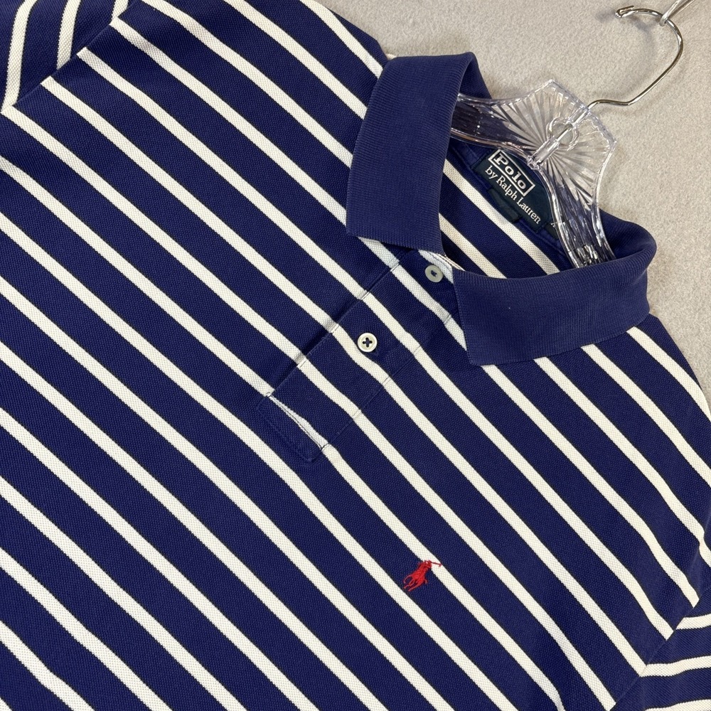 Polo Ralph Lauren Golf Shirt Mens XLarge Blue White Striped Tennis Short Sleeve